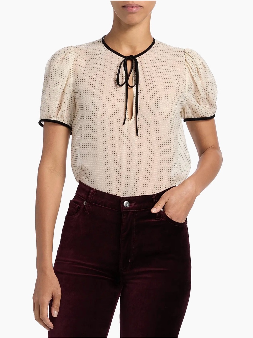 Frame Denim the Puff Sleeve Blouse in Cream with Black Trim, size M, NWT
